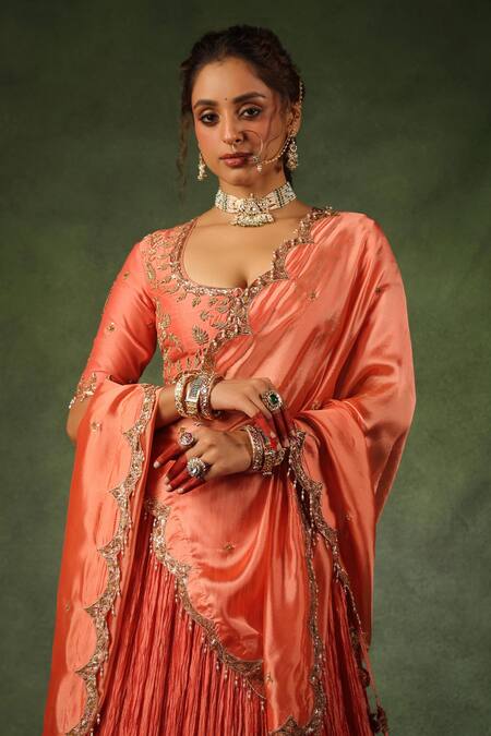 Buy_Label Niti Bothra_Peach Chanderi Silk Pearls, Sequins, Embroidery Scoop Neck Zardozi Lehenga Set 