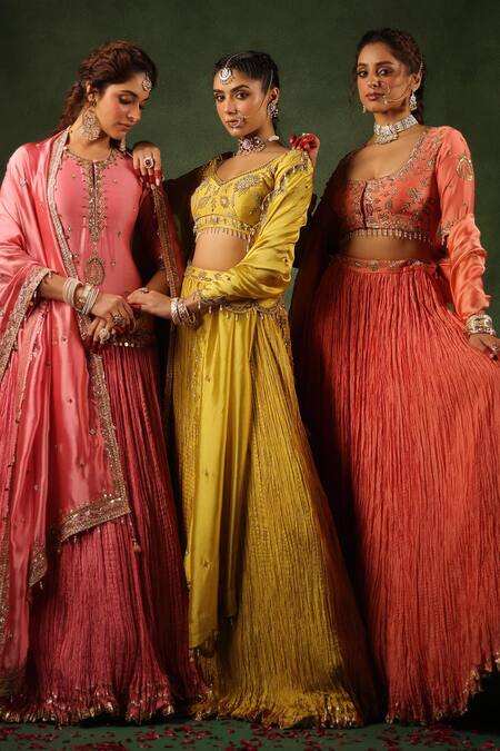 Shop_Label Niti Bothra_Peach Chanderi Silk Pearls, Sequins, Embroidery Scoop Neck Zardozi Lehenga Set 