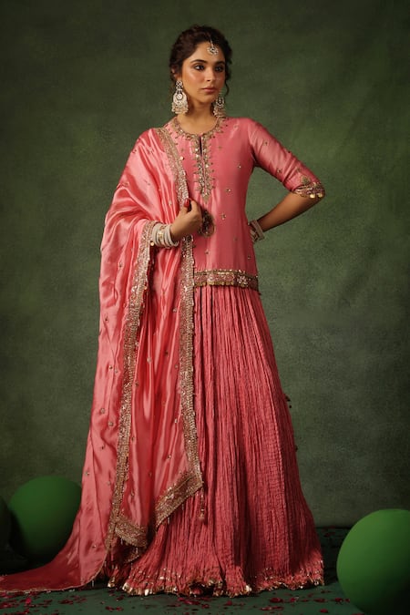 Label Niti Bothra Pink Chanderi Silk Embroidery Zardozi Round Kurta Lehenga Set 