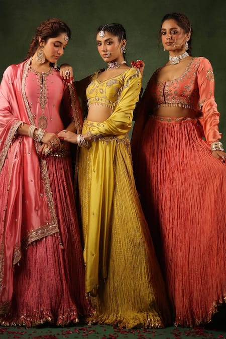 Label Niti Bothra_Pink Chanderi Silk Pearls, Sequins, Zari Zardozi Embroidered Kurta Lehenga Set _Online_at_Aza_Fashions