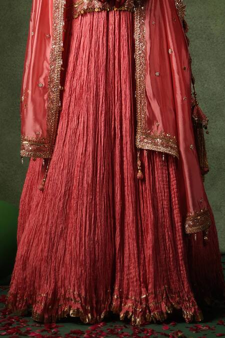 Shop_Label Niti Bothra_Pink Chanderi Silk Pearls, Sequins, Zari Zardozi Embroidered Kurta Lehenga Set _Online_at_Aza_Fashions