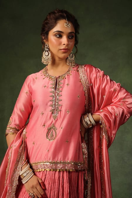 Label Niti Bothra_Pink Chanderi Silk Pearls, Sequins, Zari Zardozi Embroidered Kurta Lehenga Set _at_Aza_Fashions