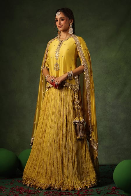 Label Niti Bothra_Yellow Chanderi , Pearls, Sequins, Zari Zardozi Work Kurta Lehenga Set _Online_at_Aza_Fashions