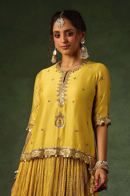 Label Niti Bothra_Yellow Chanderi , Pearls, Sequins, Zari Zardozi Work Kurta Lehenga Set _at_Aza_Fashions