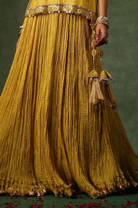 Buy_Label Niti Bothra_Yellow Chanderi , Pearls, Sequins, Zari Zardozi Work Kurta Lehenga Set 