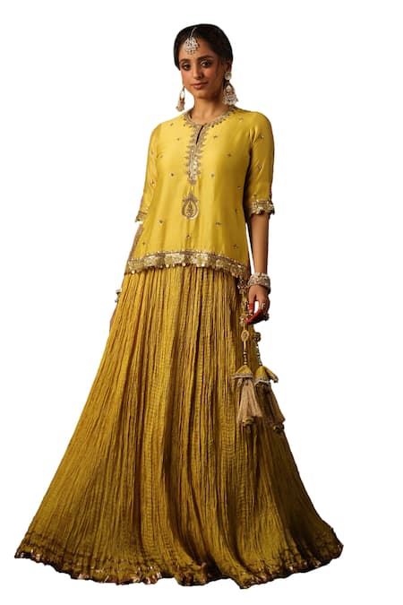 Shop_Label Niti Bothra_Yellow Chanderi , Pearls, Sequins, Zari Zardozi Work Kurta Lehenga Set 