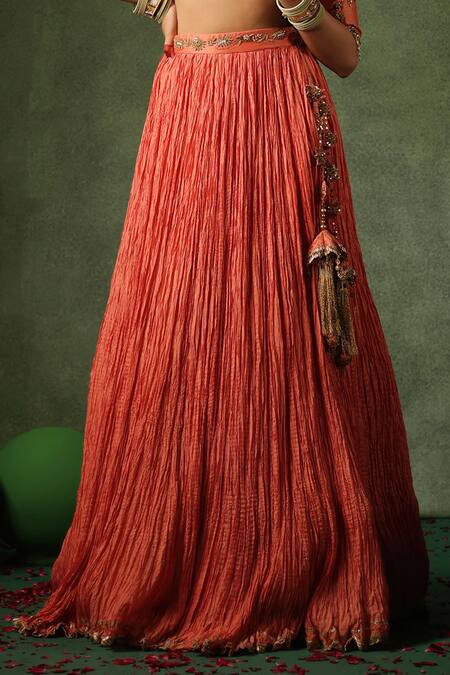 Label Niti Bothra_Peach Chanderi Silk, Hemp Pearls, Sequins, Zari V-neck Embroidered Lehenga Set _Online_at_Aza_Fashions