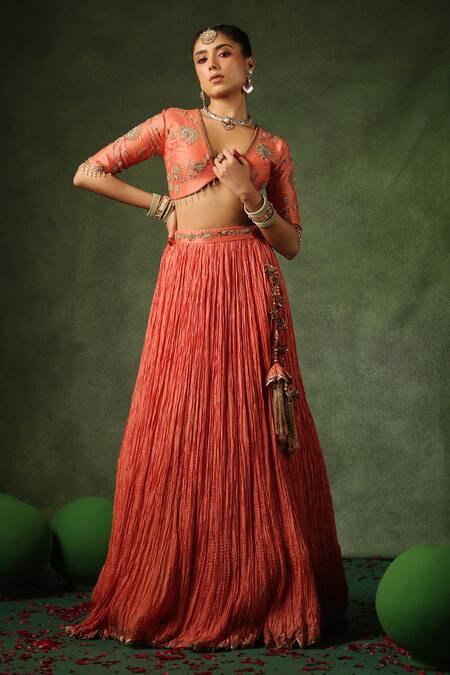 Buy_Label Niti Bothra_Peach Chanderi Silk, Hemp Pearls, Sequins, Zari V-neck Embroidered Lehenga Set _Online_at_Aza_Fashions
