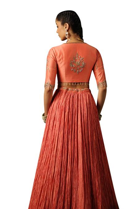 Label Niti Bothra_Peach Chanderi Silk, Hemp Pearls, Sequins, Zari V-neck Embroidered Lehenga Set _at_Aza_Fashions
