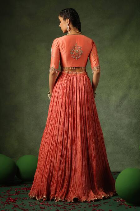 Buy_Label Niti Bothra_Peach Chanderi Silk, Hemp Pearls, Sequins, Zari V-neck Embroidered Lehenga Set 