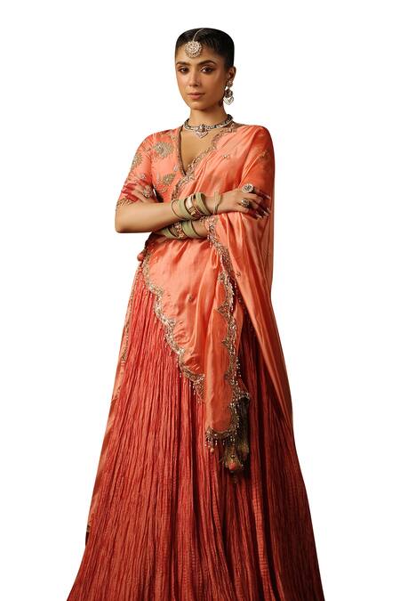 Shop_Label Niti Bothra_Peach Chanderi Silk, Hemp Pearls, Sequins, Zari V-neck Embroidered Lehenga Set 