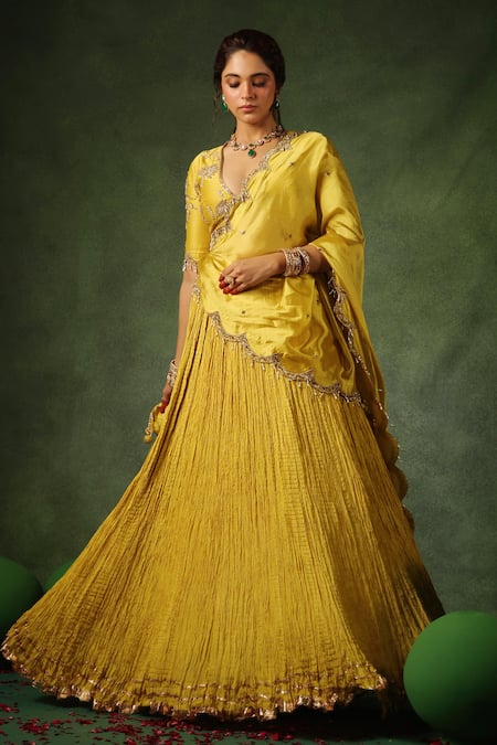 Label Niti Bothra_Yellow Chanderi , Pearls, Zardozi Butta Embroidered Lehenga Set _Online_at_Aza_Fashions