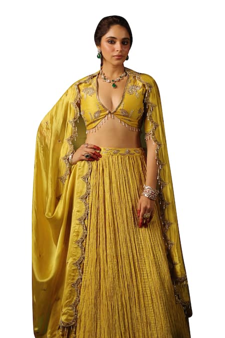 Buy_Label Niti Bothra_Yellow Chanderi , Pearls, Zardozi Butta Embroidered Lehenga Set _Online_at_Aza_Fashions