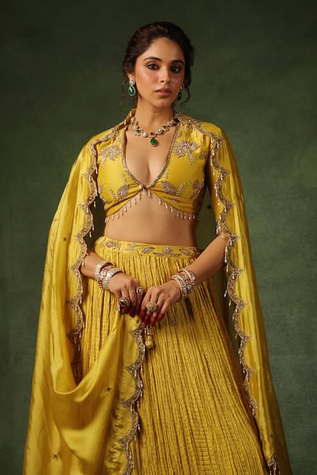 Shop_Label Niti Bothra_Yellow Chanderi , Pearls, Zardozi Butta Embroidered Lehenga Set _Online_at_Aza_Fashions