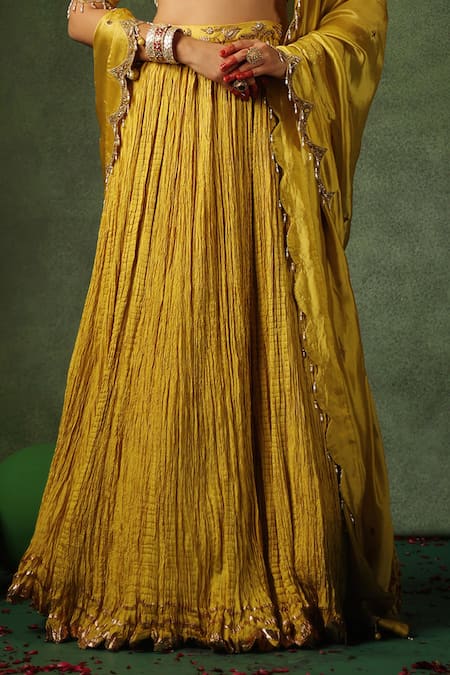 Label Niti Bothra_Yellow Chanderi , Pearls, Zardozi Butta Embroidered Lehenga Set _at_Aza_Fashions