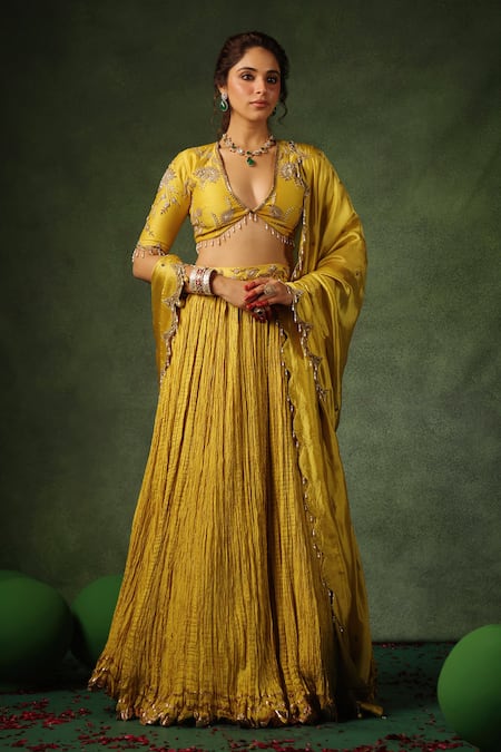 Buy_Label Niti Bothra_Yellow Chanderi , Pearls, Zardozi Butta Embroidered Lehenga Set 