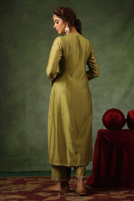 Shop_Label Niti Bothra_Green Chanderi Silk Zari, Sequins, Embroidery Round Zardozi Kurta And Pant Set _at_Aza_Fashions