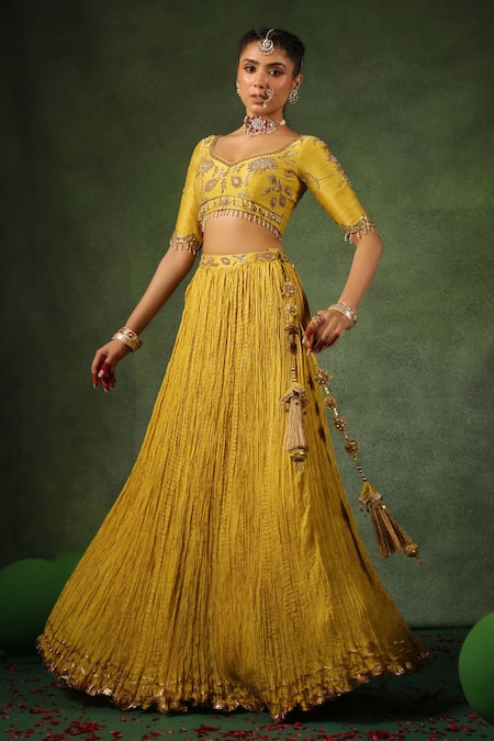 Label Niti Bothra_Yellow Chanderi Silk, Handloom Cotton, Hemp, Phool Butta Embroidered Lehenga Set _Online_at_Aza_Fashions