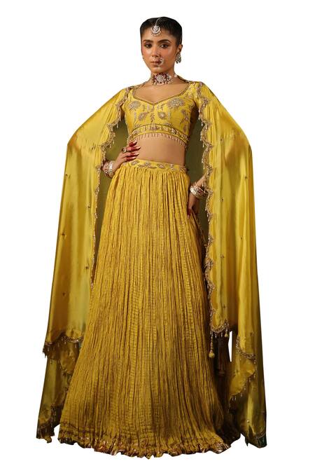 Buy_Label Niti Bothra_Yellow Chanderi Silk, Handloom Cotton, Hemp, Phool Butta Embroidered Lehenga Set _Online_at_Aza_Fashions