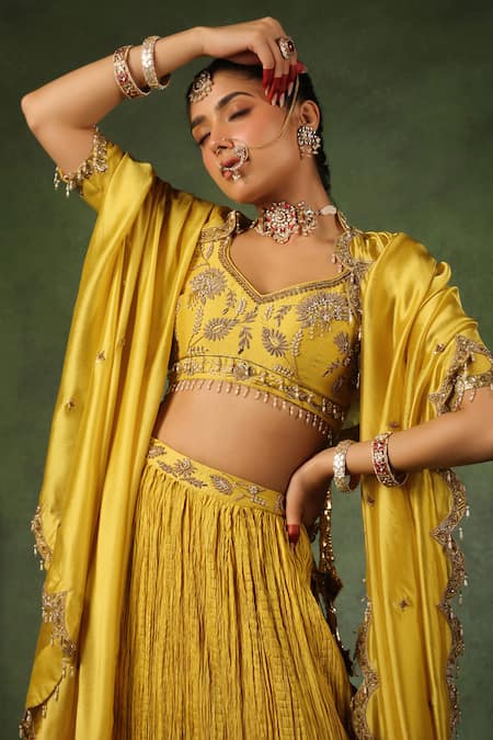 Shop_Label Niti Bothra_Yellow Chanderi Silk, Handloom Cotton, Hemp, Phool Butta Embroidered Lehenga Set _Online_at_Aza_Fashions