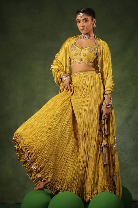 Label Niti Bothra_Yellow Chanderi Silk, Handloom Cotton, Hemp, Phool Butta Embroidered Lehenga Set _at_Aza_Fashions