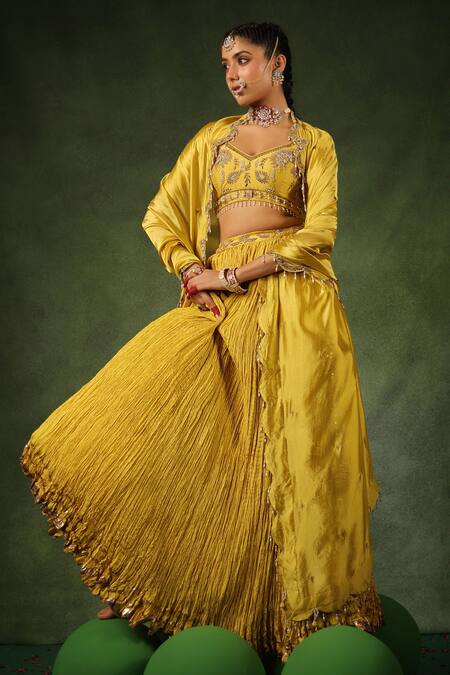 Buy_Label Niti Bothra_Yellow Chanderi Silk, Handloom Cotton, Hemp, Phool Butta Embroidered Lehenga Set 