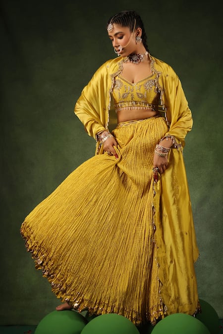 Shop_Label Niti Bothra_Yellow Chanderi Silk, Handloom Cotton, Hemp, Phool Butta Embroidered Lehenga Set 