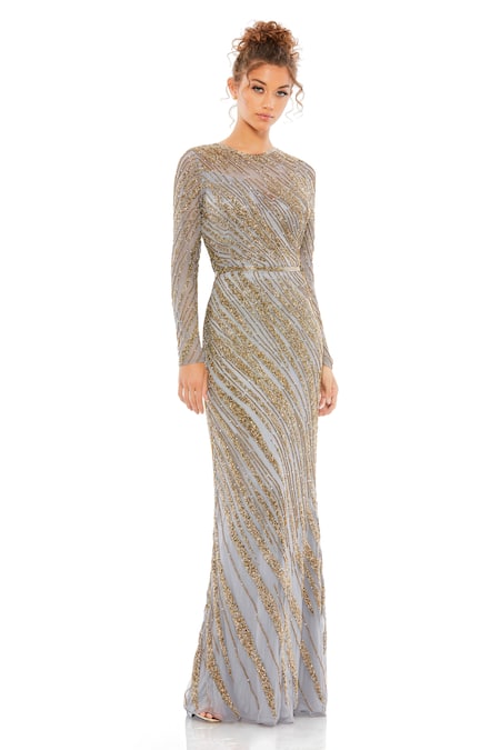 Mac Duggal Grey Net Embellished Bead Round Stripe Gown 