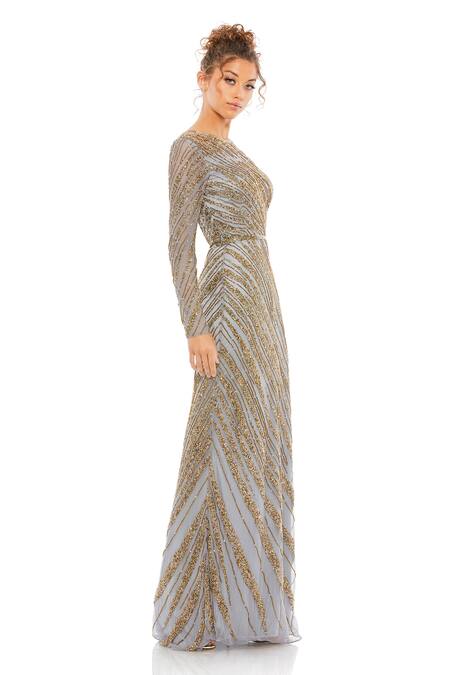 Mac Duggal Grey Net, Lace Beads, Stones Round Neck Embellished Stripe Gown Online at Aza Fashions Mac Duggal_Grey Net, Lace Beads, Stones Round Neck Embellished Stripe Gown _Online_at_Aza_Fashions