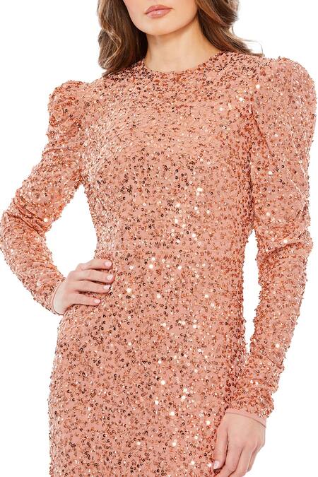 Mac Duggal_Pink Polyester Sequins Crew Neck Frill Dress _Online_at_Aza_Fashions