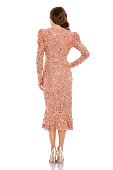 Shop_Mac Duggal_Pink Polyester Sequins Crew Neck Frill Dress _at_Aza_Fashions