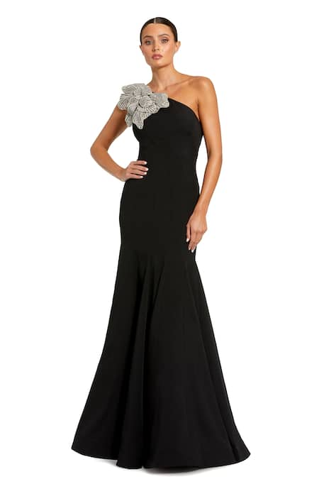 Buy Black Crepe Fabric Embellished Stone Shoulder Applique Mermaid Gown For Women by Mac Duggal Online at Aza Fashions