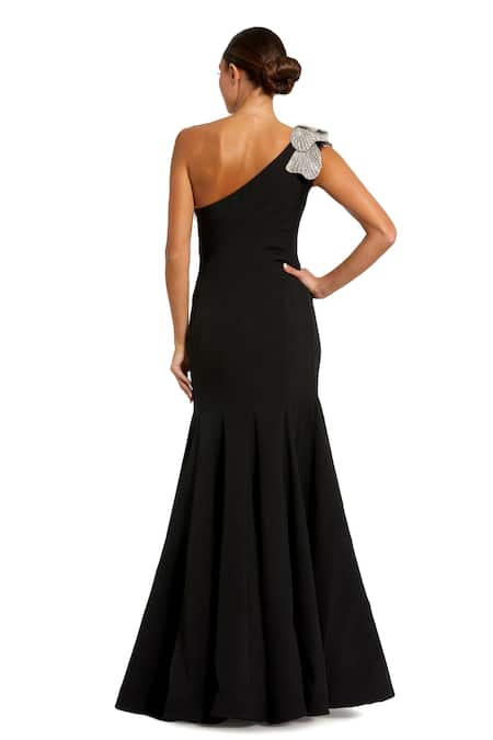 Shop Mac Duggal Black Polyester, Crepe Stones One Shoulder Applique Mermaid Gown at Aza Fashions Shop_Mac Duggal_Black Polyester, Crepe Stones One Shoulder Applique Mermaid Gown _at_Aza_Fashions