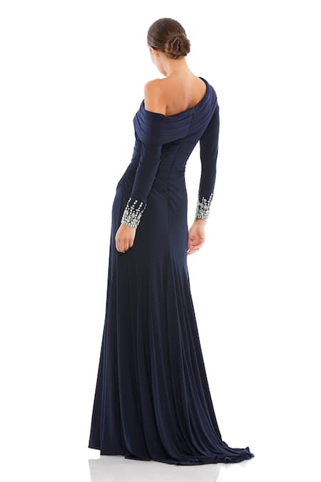 Shop Mac Duggal Blue Polyester, Jersey Stones Off-shoulder Embellished One Slit Gown at Aza Fashions Shop_Mac Duggal_Blue Polyester, Jersey Stones Off-shoulder Embellished One Slit Gown _at_Aza_Fashions