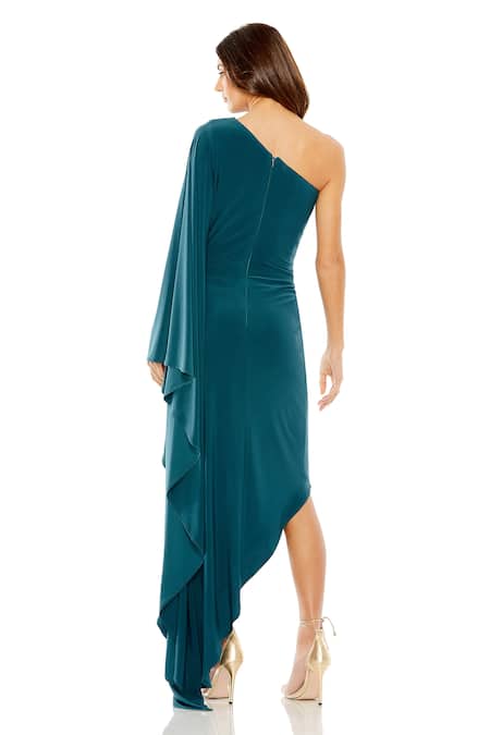 Shop Mac Duggal Blue Jersey, Polyester One Shoulder Solid Draped Dress at Aza Fashions Shop_Mac Duggal_Blue Jersey, Polyester One Shoulder Solid Draped Dress _at_Aza_Fashions