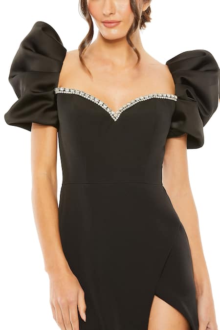 Mac Duggal_Black Satin, Polyester Stones Sweetheart Neck Jewel Embellished Slit Gown _Online_at_Aza_Fashions