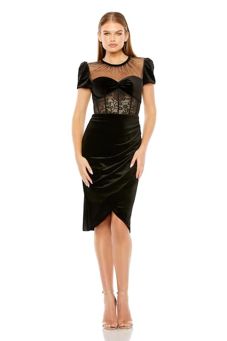 Mac Duggal Solid Lace Panel Draped Dress 