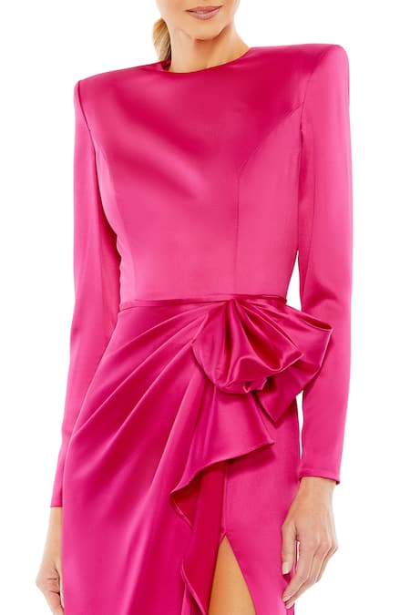 Mac Duggal_Magenta Satin, Polyester Round Neck Solid Ruffle Slit Gown _Online_at_Aza_Fashions