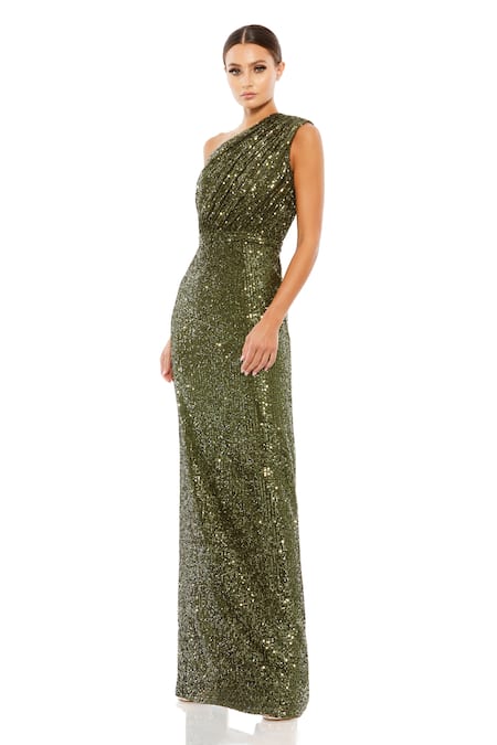 Mac Duggal Green 100% Polyester Embellished Sequin One Shoulder Gown 