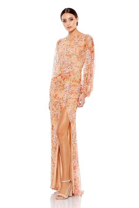 Mac Duggal Orange 100% Polyester Embellished Sequin Round Floral Print Slit Gown 