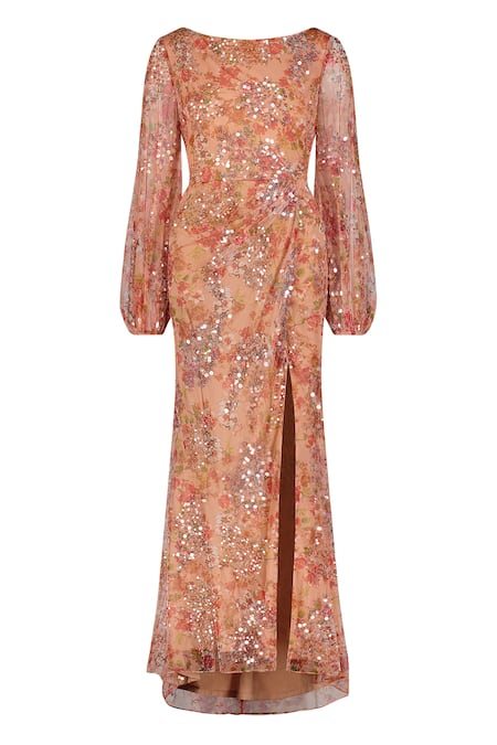 Mac Duggal Floral Print Sequined Slit Gown 