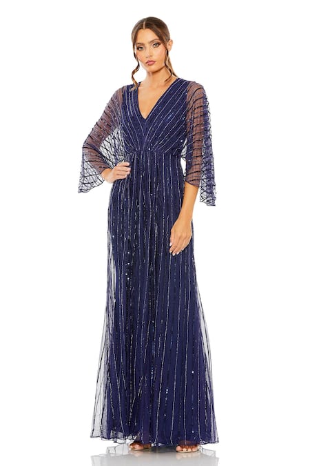 Mac Duggal Blue Net Embellished Sequin V-neck Cape Sleeve Gown 