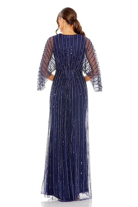 Shop Mac Duggal Blue Net, Polyester Sequins, Beads V-neck Embellished Cape Sleeve Gown at Aza Fashions Shop_Mac Duggal_Blue Net, Polyester Sequins, Beads V-neck Embellished Cape Sleeve Gown _at_Aza_Fashions