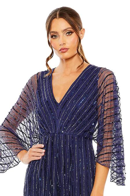 Mac Duggal Blue Net, Polyester Sequins, Beads V-neck Embellished Cape Sleeve Gown Online at Aza Fashions Mac Duggal_Blue Net, Polyester Sequins, Beads V-neck Embellished Cape Sleeve Gown _Online_at_Aza_Fashions