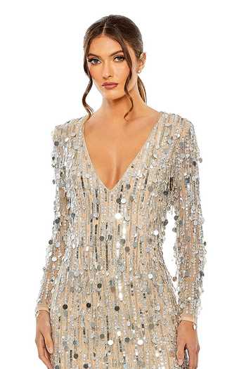 Mac Duggal_Beige Net, Polyester Sequins, Beads V-neck Tassel Embellished Dress _Online_at_Aza_Fashions
