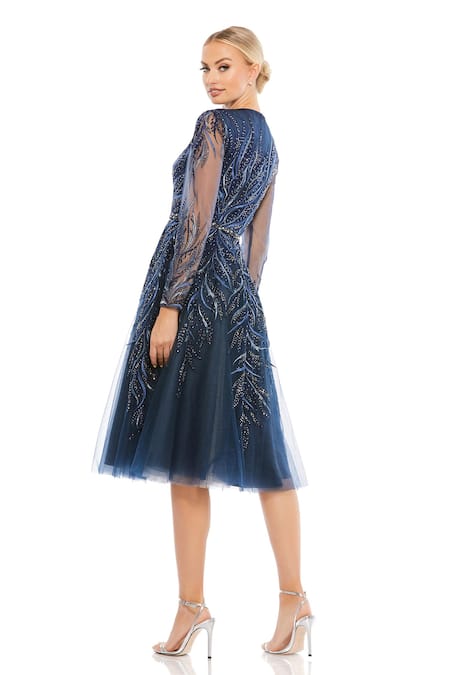 Shop_Mac Duggal_Blue Polyester Stones, Embroidery Round Neck Fern Dress _at_Aza_Fashions