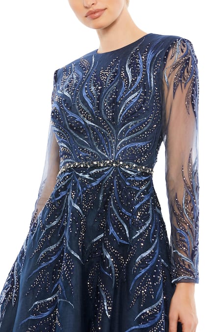 Buy_Mac Duggal_Blue Polyester Stones, Embroidery Round Neck Fern Dress _Online_at_Aza_Fashions