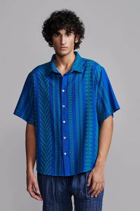 Dash And Dot Blue Cotton Oversized Jacquard Shirt Online at Aza Fashions Dash And Dot_Blue Cotton Oversized Jacquard Shirt _Online_at_Aza_Fashions
