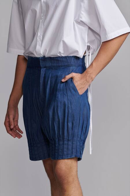 Dash And Dot Blue Cotton Pleated Denim Shorts Online at Aza Fashions Dash And Dot_Blue Cotton Pleated Denim Shorts _Online_at_Aza_Fashions