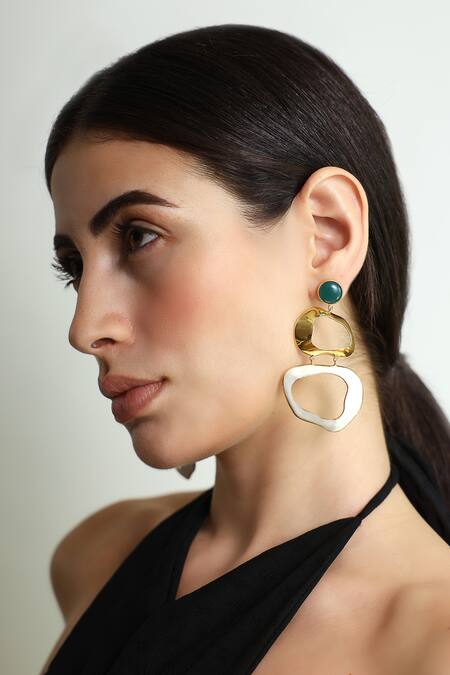 Varnika Arora_Green Embroidery Drift Enameled Abstract Earrings _Online_at_Aza_Fashions